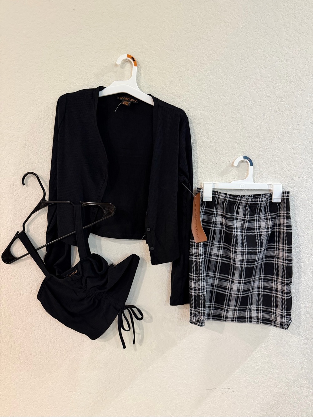 3 piece top , cardigan Black Plaid Mini Skirt - Classic Women's Skirt